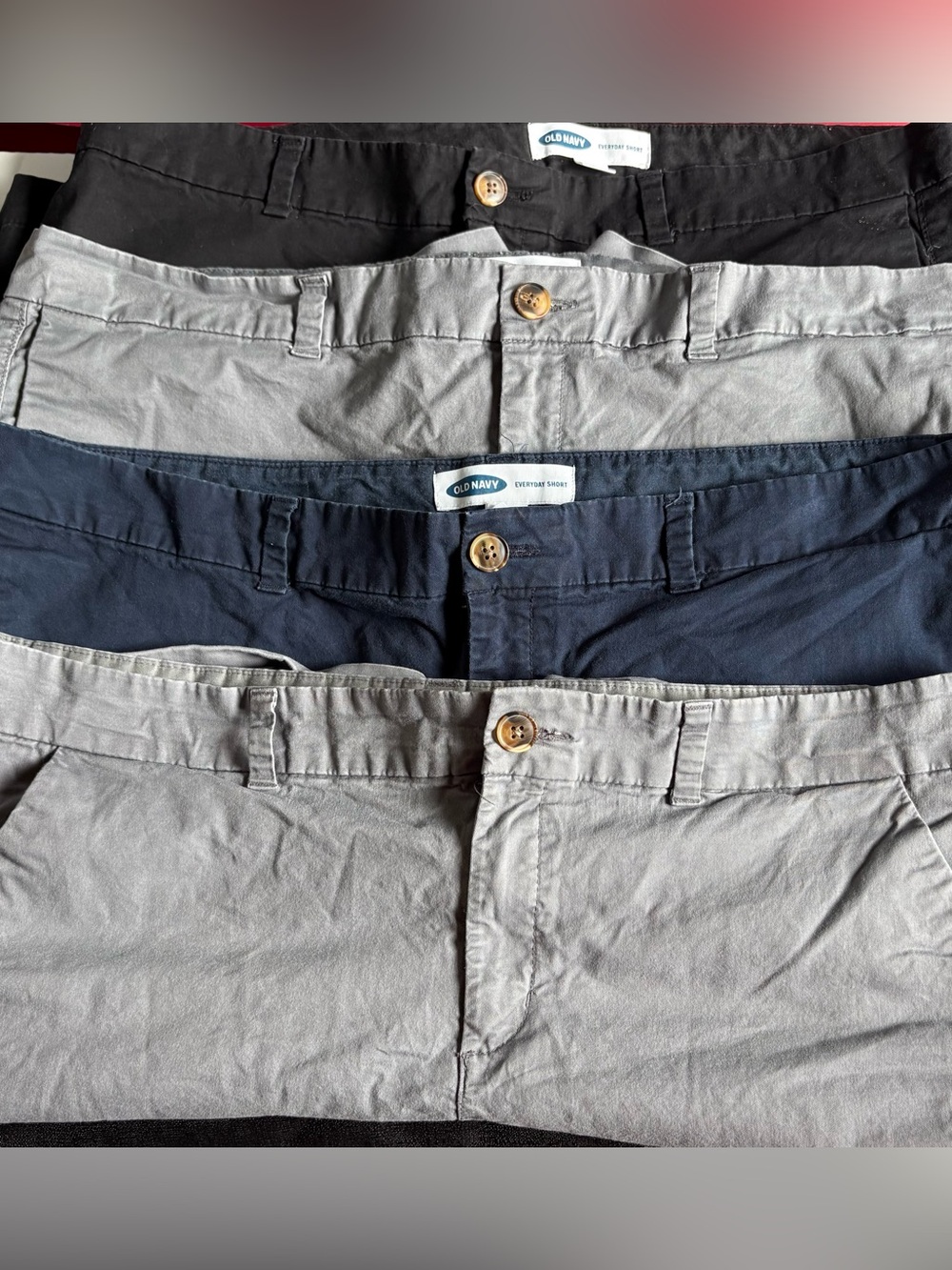 Old Navy women’s Flat Front Chino Shorts Bundle of 4: Navy, Black, 2 Gray